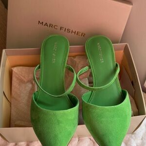 Marc Fisher Bright Green Suede Pointed Mules with Slim Strap